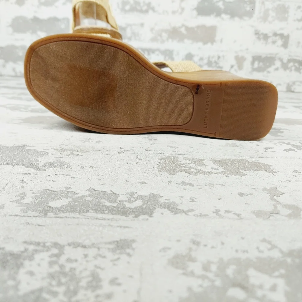 NEW Lucky Brand Delukah Cream Tan Ankle Strap Slingback Wedge Sandals V29 - Picture 8 of 12